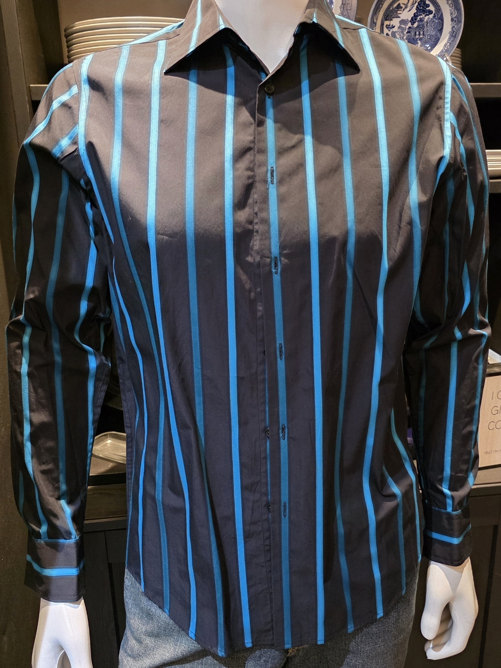 INC International Concepts Black Dress Shirt with Teal Stripes